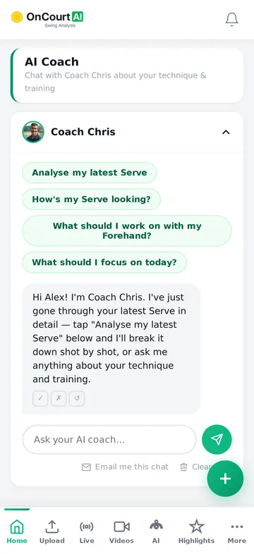 AI Coach screen: chat with Coach Chris, with suggested questions about your serve and forehand