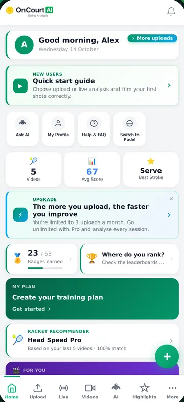 Home dashboard with quick actions, average score, badges and training plan
