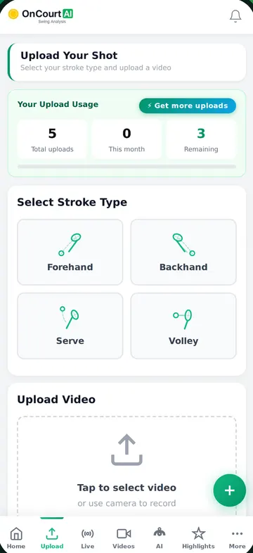 Upload screen with stroke type selection