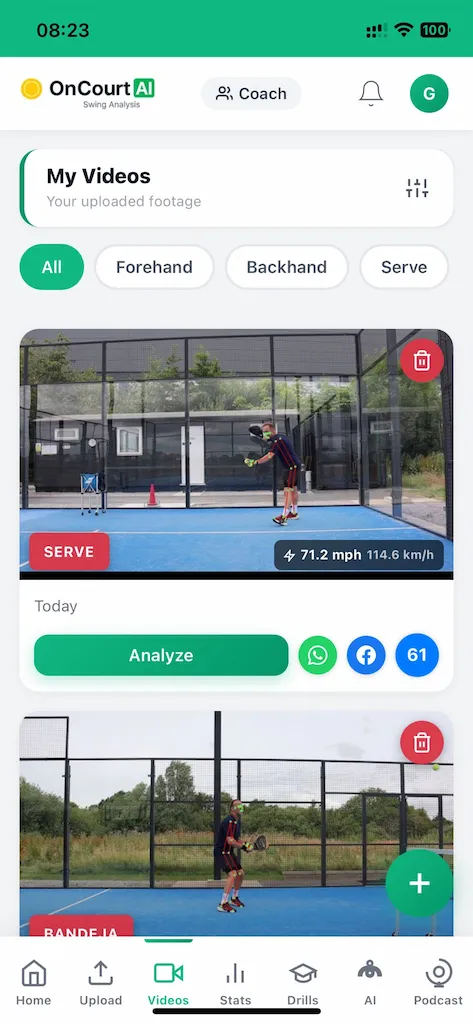 OnCourtAI app showing an AI padel shot analysis with scores