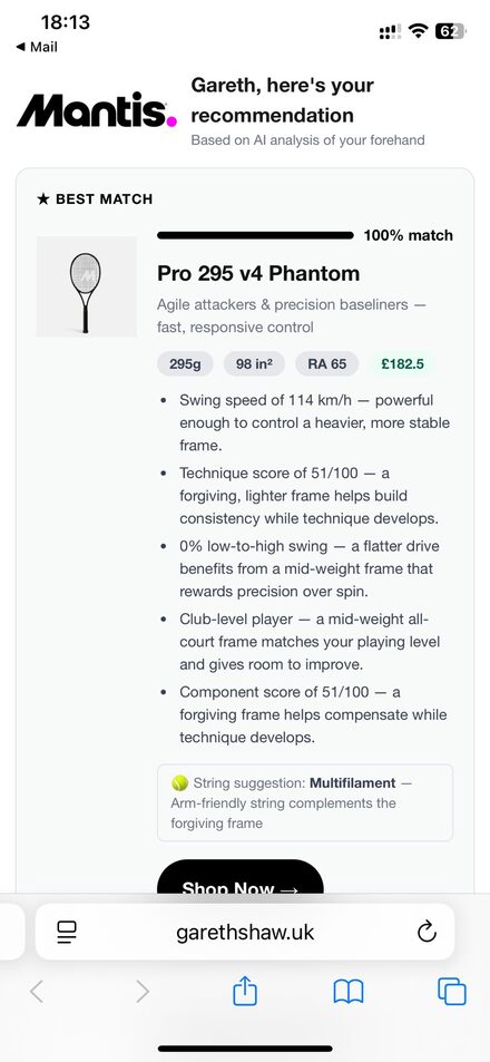 OnCourtAI Racket Selector — recommendation result